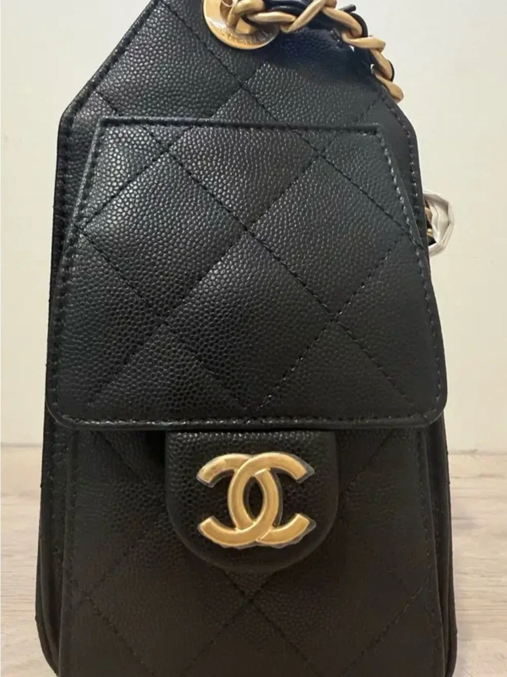 CHANEL 25 Black Caviar Quilted Shoulder Bag with Gold Chain Hardware